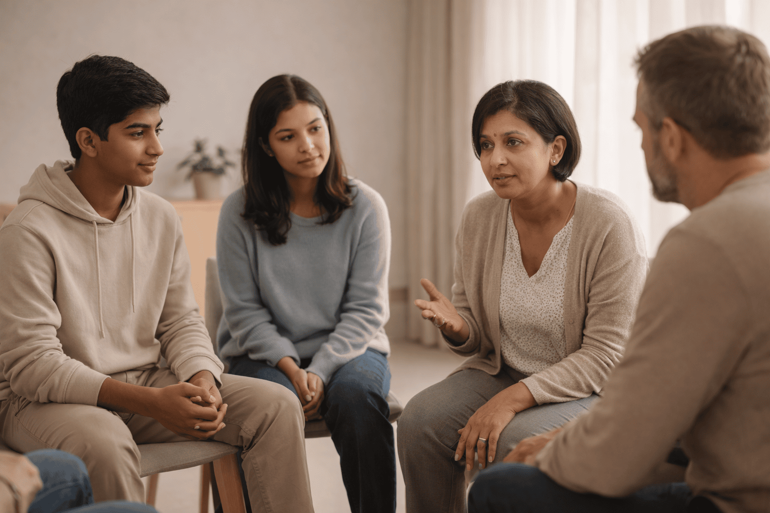A family in a guided conversation setting